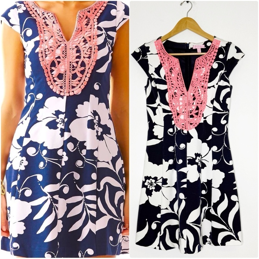 Lilly Pulitzer Brielle Dress XS Navy White Floral Crochet Trim
